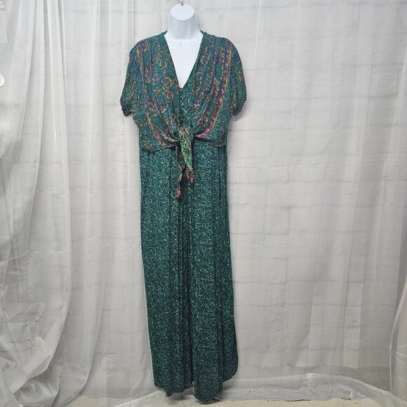Vintage Carole Little Green Palazzo Jumpsuit Paisley Layered Beaded Boho 10 - Picture 1 of 9